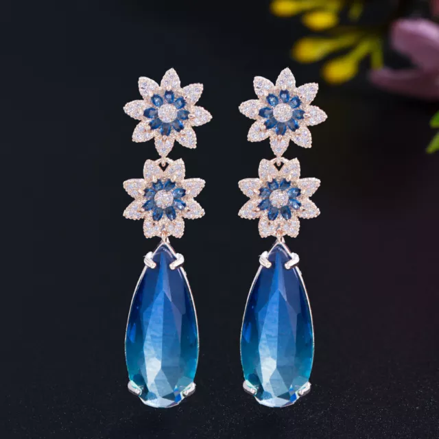 Yellow Gold Plated Flower Blue CZ Cubic Zirconia Long Dangle Water Drop Earrings