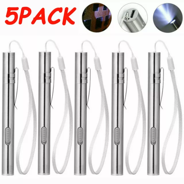 5pcs LED USB RECHARGEABLE MINI FLASHLIGHT Stainless Steel Pen Light 1000 Lumens