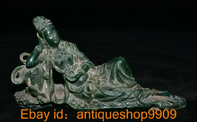 12 " China Green Jade Carved Guanyin Kwan-Yin Goddess Buddha Sleep Statue
