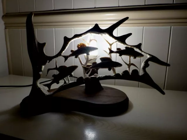 Fallow Deer Antler Lamp, Fish Group Design, Handmade Very Unique Gift