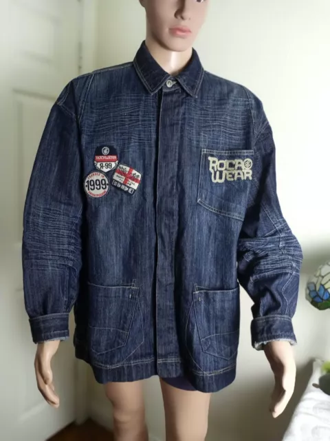 Roca Wear Mens Xl Blue Soft Denim Casual/Work Jacket W/Embroidered Logo Patches