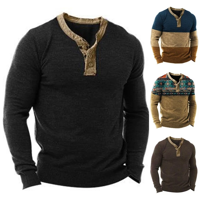 Felpa Uomo Top Pullover T-shirt Retro T-shirt Collo a V Vintage Abbottonata