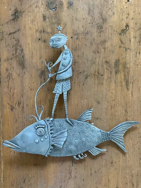 Leandra Drumm Wall Hanging Person Riding A Fish Pewter Signed By Artist RARE
