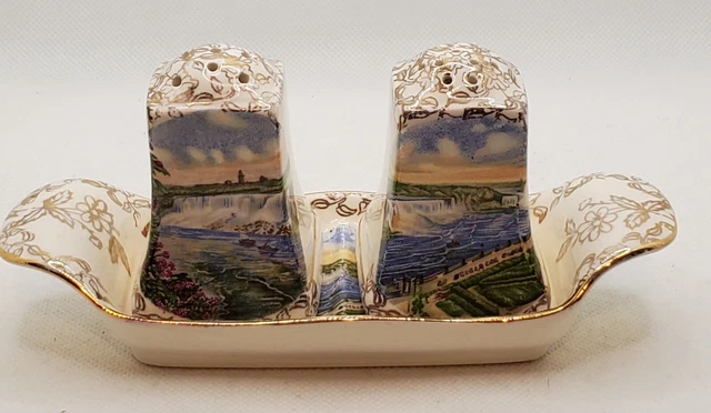 Vtge Royal Winton Grimwades Ceramic Salt/Pepper Shakers and Tray Waterfall Scene