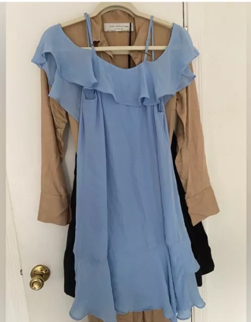 Parker Thatcher $288 Cold Shoulder Ruffled Silk Mini Dress light Blue XS NWT 3