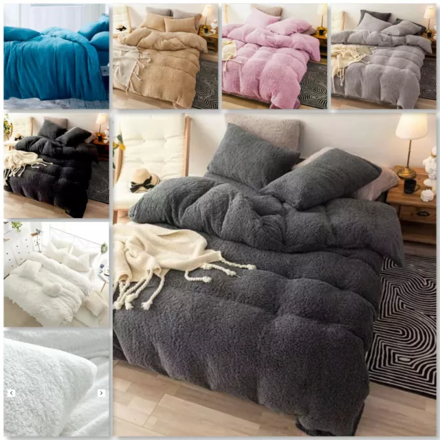 Teddy Bear Fleece Duvet Cover Set Pillow Case Sherpa Thermal Warm Soft Bedding