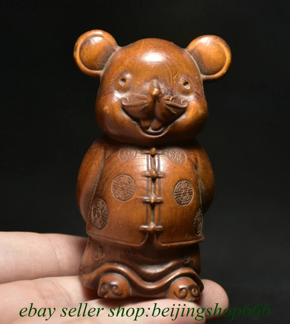 2.8" Chinese Boxwood Wood Carving Fengshui 12 Zodiac Year Mouse Statue