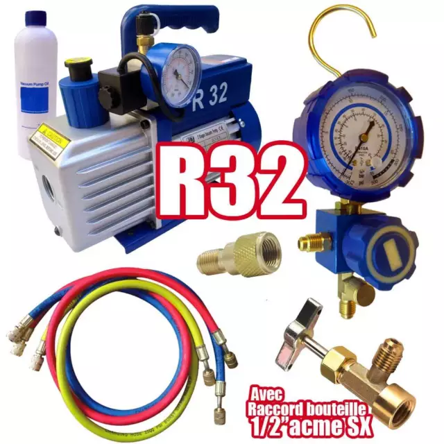 Kit pompe a vide manometre manifold gaz R32 installation recharge climatisation