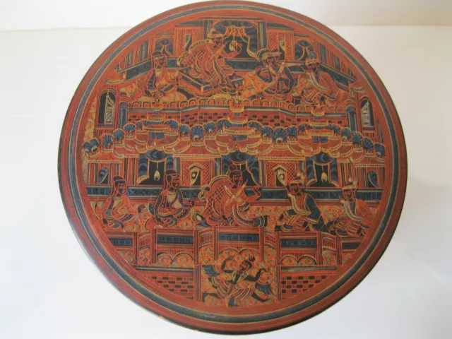Antique Burmese Lacquer food Box with Painted Scenes From Myanmar 3