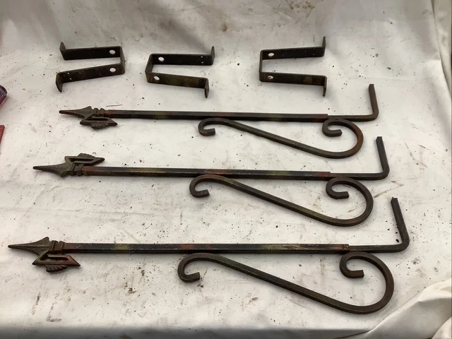 3 Vintage Victorian Swing Arm Curtain Rods Hangers Cast Iron Tip 1920s Art Deco