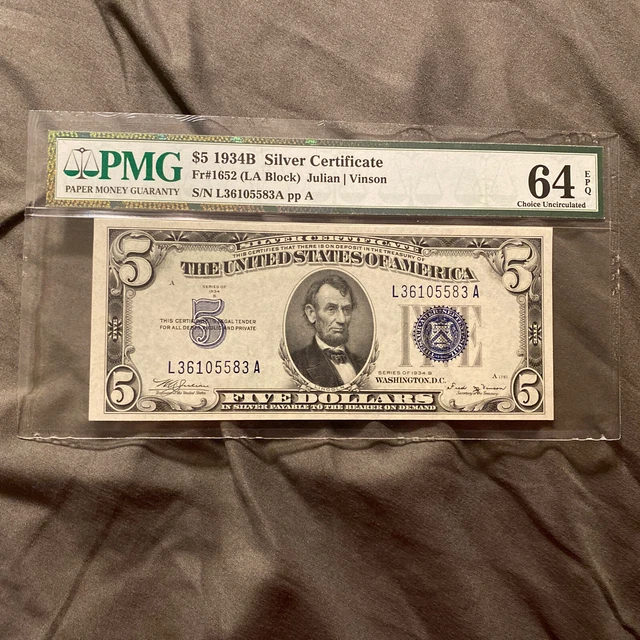 1934-B $5 Silver Fr. 1652 Vinson LA Block PMG 64 EPQ