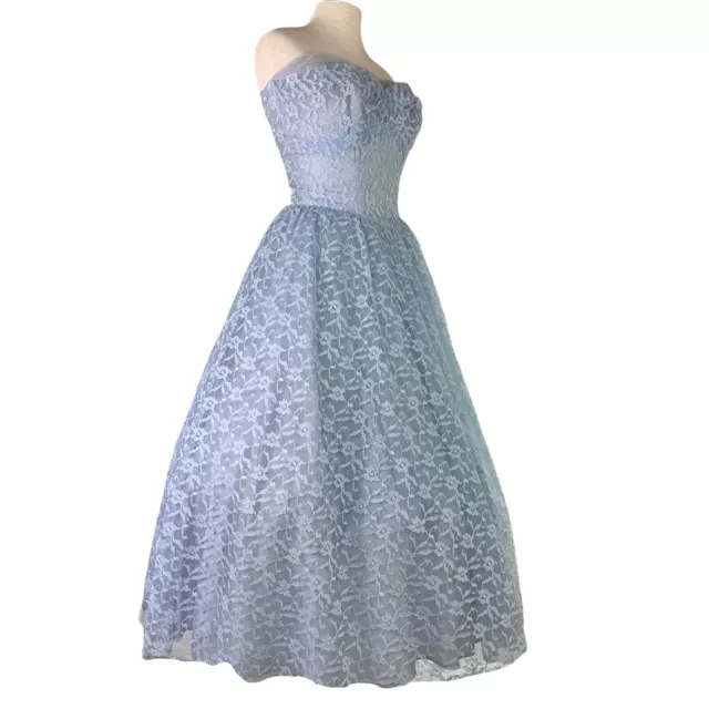 1950s VTG Floral Tulle Dress Lace Strapless Sweetheart S - M 31 Bust Prom Gown 2