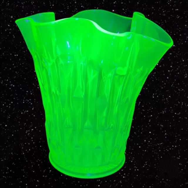 Central Glass FRANCES Francis Green Uranium Vase 1930s UV Glass Ruffled 8.25”T