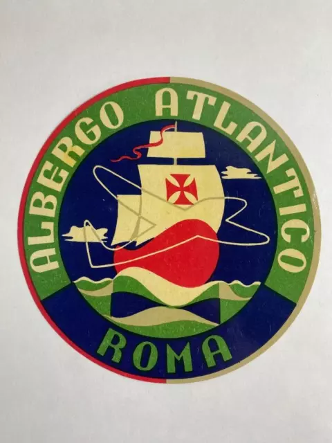 Vintage Albergo Atlantico Roma Hotel 1940s-1960s Luggage Label Decal RARE