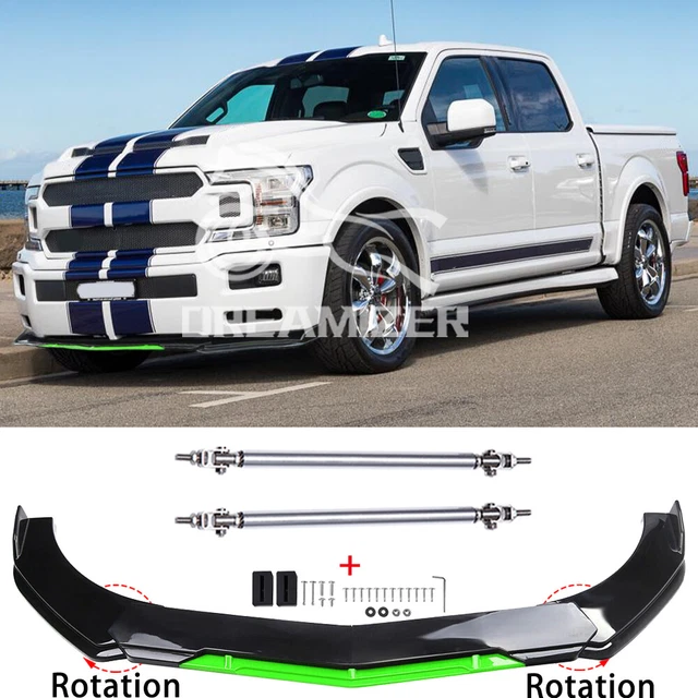 For Ford F150 F-150 Black Green Front Bumper Lip Spoiler Splitter + Strut Rods