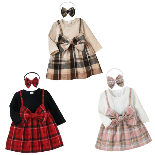Baby Girls Cute Fake Two-Piece Plaid Dress Bowknot Ruffle Skirt Headband Set