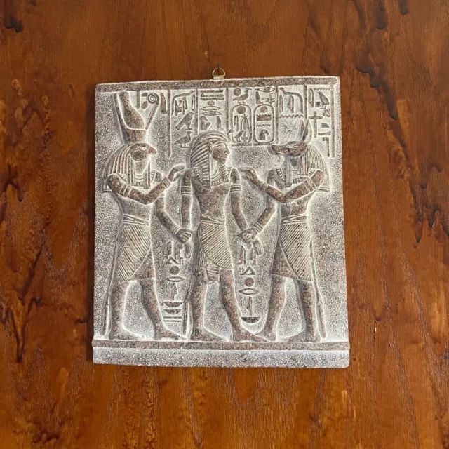 Handmade Ancient Egyptian Wall Relief Depicting God Anubis and Horus and Ramses