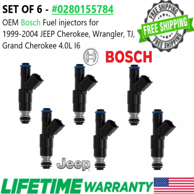 GENUINE Bosch set of 4 Fuel Injectors for 1998-2004 Jeep 4.0L I6 #0280155784