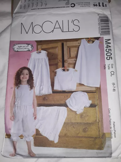 McCall's M4505 Girl Size CL 6, 7, 8 CUT UNCUT Slip Camisole Bloomers Petticoat