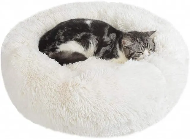 Calming Dog Cat Donut Bed 19.7in Fluffy Plush Puppy Kitten Cuddler Round Bed