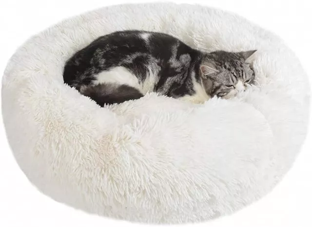 Calming Dog Cat Donut Bed 19.7in Fluffy Plush Puppy Kitten Cuddler Round Bed