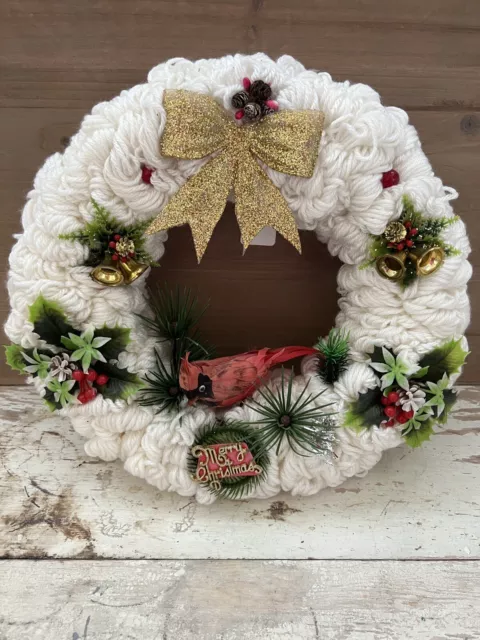 Vintage Christmas Yarn Wreath (Set Of 2) Handmade Holiday Santa Cardinal Door