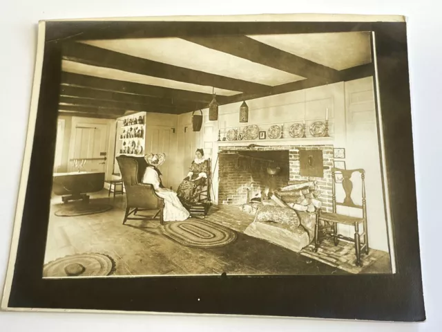 BV Photograph Victorian Era Women Knitting Interior Fireplace Inside Home Candid 2