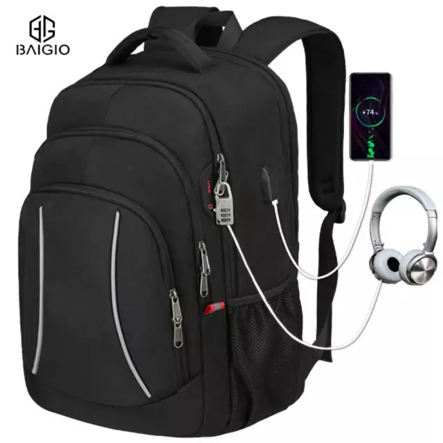 17 inch Laptop Backpack Large Travel Bussiness Rucksack Men's School Bag w/Lock