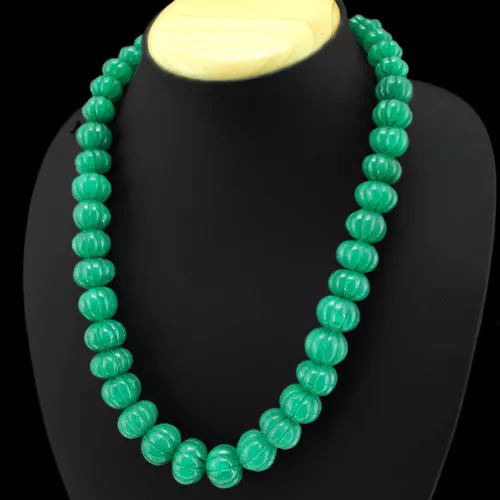 Outstanding 669.00 Cts Natural Green Emerald Carved Beads Necklace Strand (Dg)