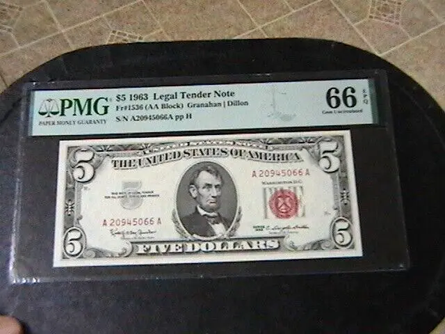 1963 $5 Five Dollars Red Seal Fr#1536 PMG Graded 66 Gem Uncirculated