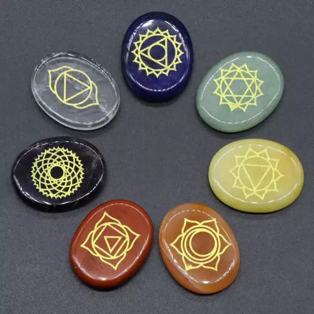 7pcs/Set Reiki Healing Stone Palm Stone Symbols Crystal Chakra Stone Engraved