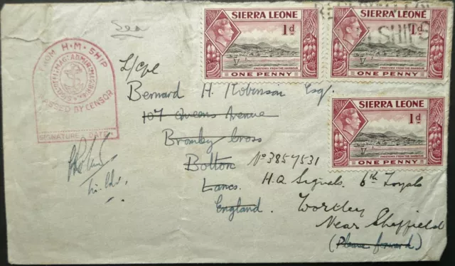 Sierra Leone 1940 Wwii H.m Ship Censored Kgvi Cover Sent To England