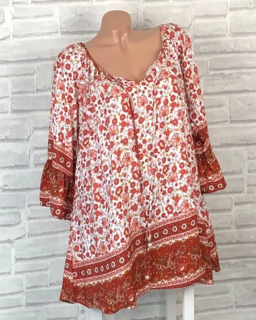 Italy Long Bluse Tunika Shirt Kleid Boho Print V-Ausschnitt 42 44 46 Weiß R F783