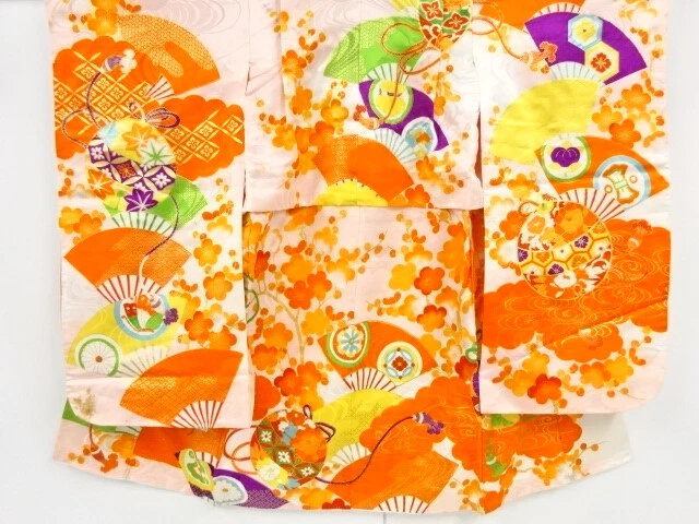 37766# Japanese Kimono / Antique Kimono For Girls / Embroidery / Fan With Bell &