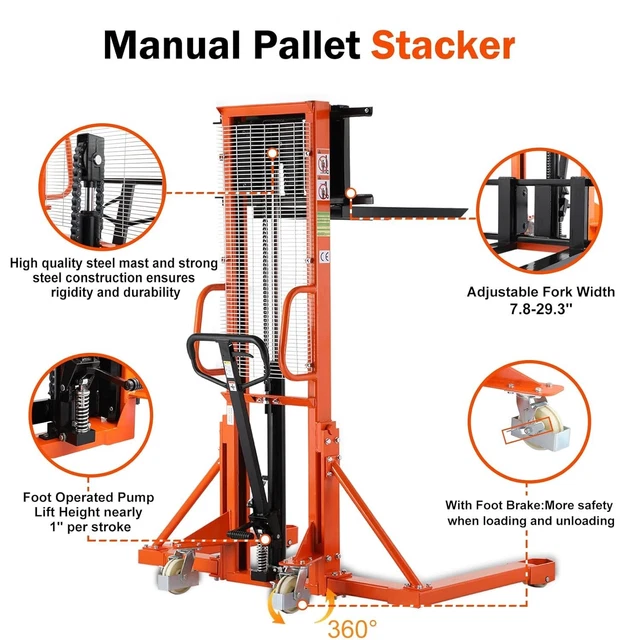 Tory Carrier 63" Lift 1100lb Manual Pallet Stacker W/ Straddle legs & Adjt. Fork