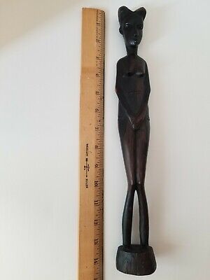 Vintage Hand Carved Ebony Wood African Woman Statue Tribal Art 14" Tall 1970's