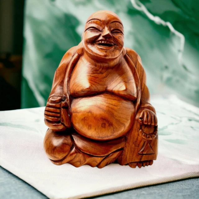 Vintage Wooden Laughing Buddha Hand Carved Happy Figurine Statue 10"
