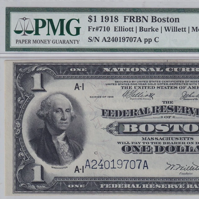 1918 One Dollar $1 FRBN Boston large size note Fr#710—PMG 65 EPQ Gem UNC