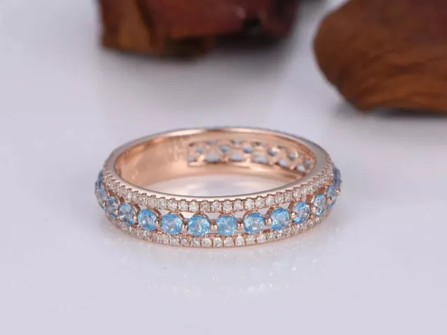 1.50Ct Lab Created Aquamarine Half Eternity Wedding Band Ring 14K Rose Gold Over