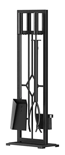 5 Pieces Fireplace Tools Set Wrought Iron Fire Place Pit Poker Holder(Black)