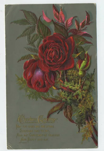 Large Decorative Embossed Red Roses Victorian Christmas Card C3