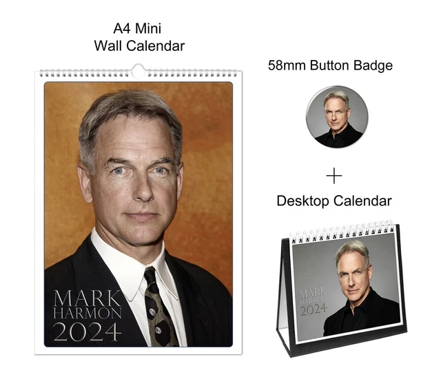 MARK HARMON 2024 A4 Wall + Desktop Calendar + Pin Button Badge EUR 23