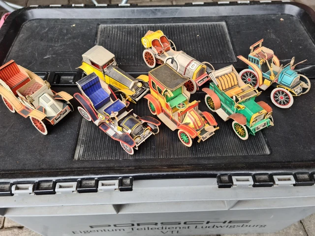 7 Shell Oldtimer aus Papier, ursprünglich Bastelbogen, guter Zustand, 60er Jahre