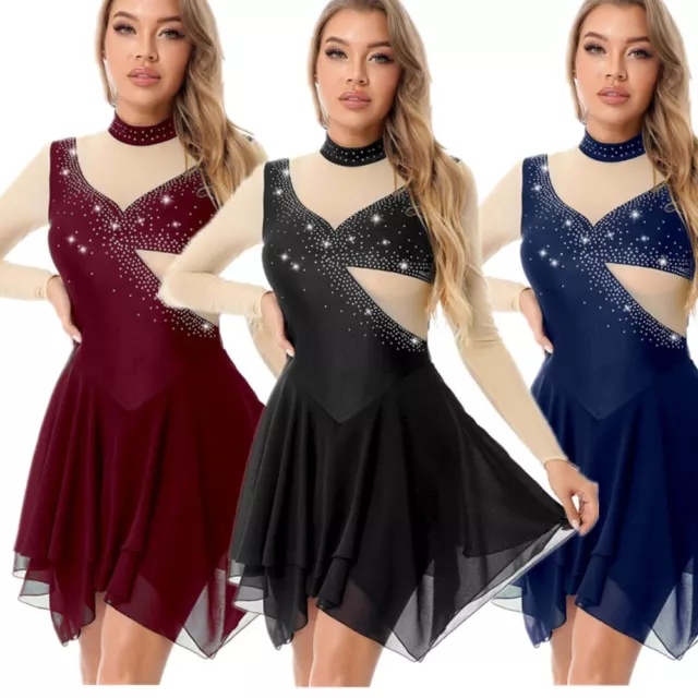 Damen Eiskunstlauf Kleid Strass Ballettkleid Gymnastikanzug Langarm Tanzkleid