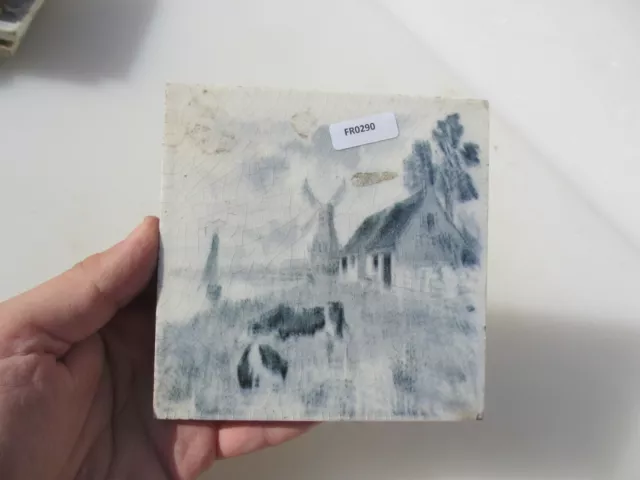 Antique Ceramic Tile Vintage French Village Boats River Cottage Farm Windmill