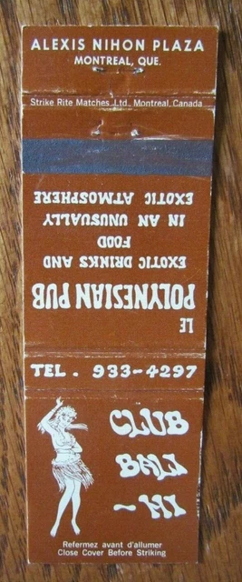 Hula Girl Girlie Matchbook Cover: Club Bali-Hi Matchcover (Montreal, Quebec) E12