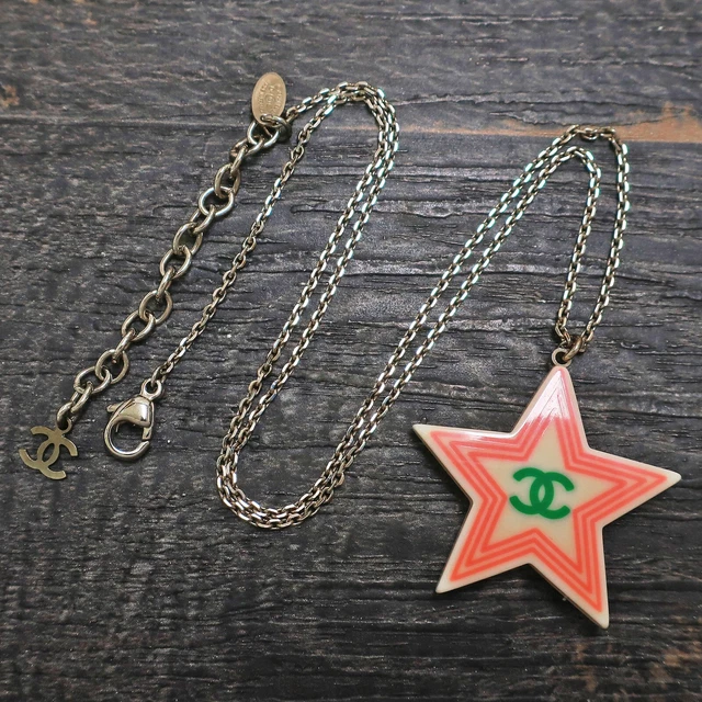 CHANEL Silver Plated CC Logos White Star Charm Necklace Pendant #8660a Rise-on