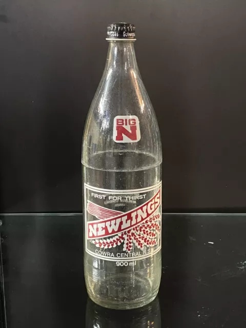 1970s Bottle Pyro Ceramic label NEWLINGS COWRA NSW 900 ml Screw top SOFT DRINK