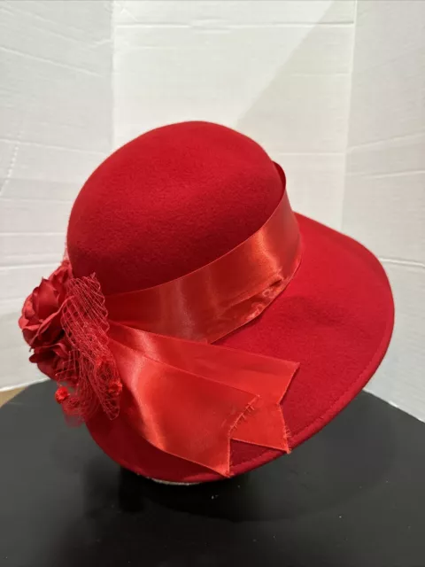 Vintage Betmar New York Womens Red 100% Wool Floral Wide Brim Sun Hat 3