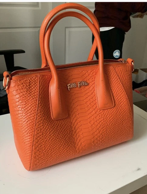 Folli Follie Orange Pebbled Leather Handbag with Charm and Dust Bag